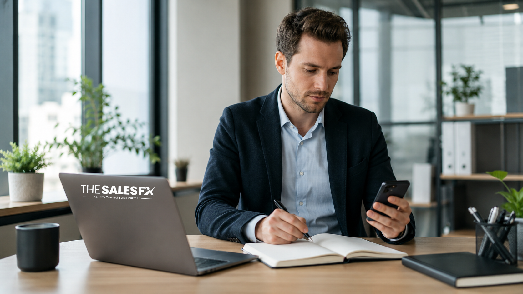 B2B salesperson researching a prospect on a laptop before making a warm cold call.