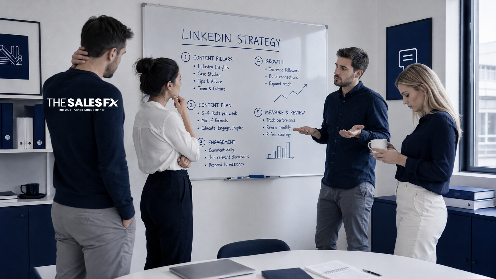 Sales team looking blankly at a whiteboard reading LinkedIn Strategy